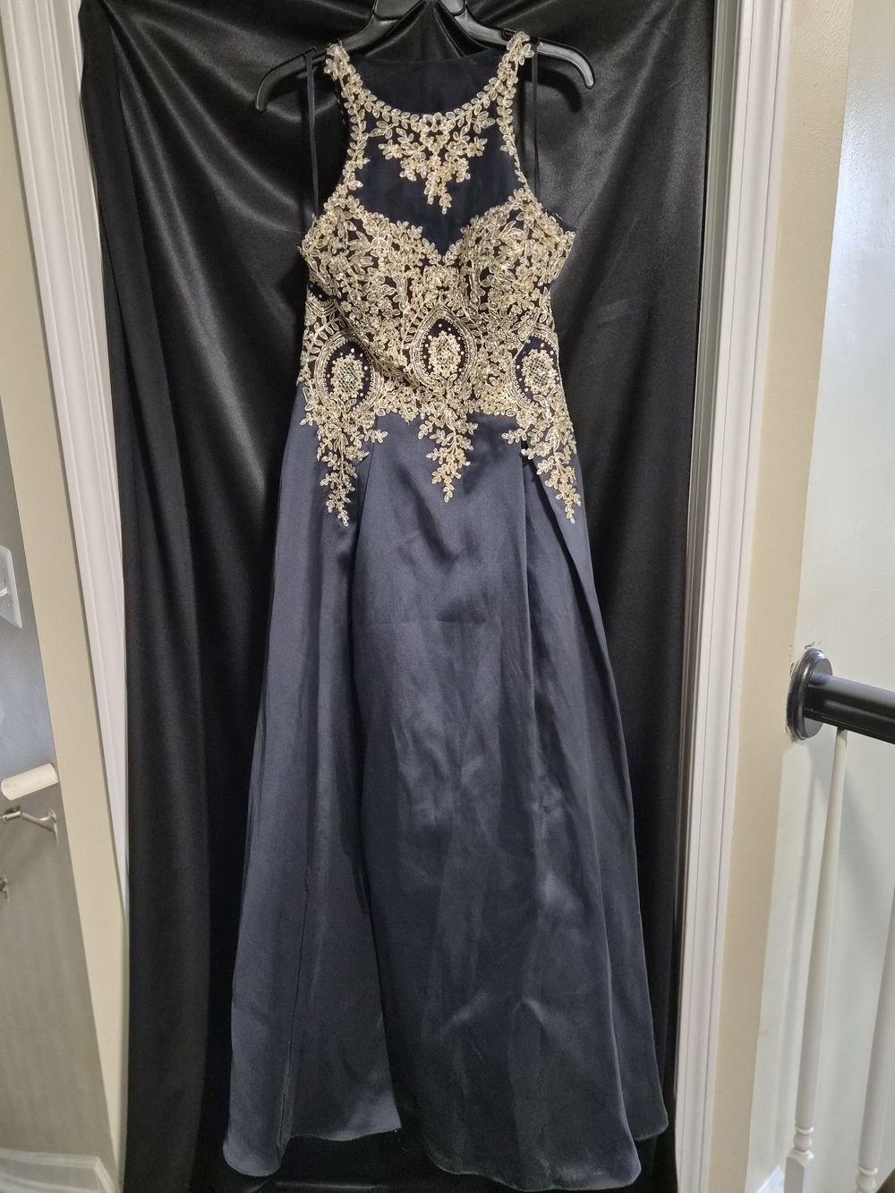 Xscape Navy Blue Dress with Gold Accents